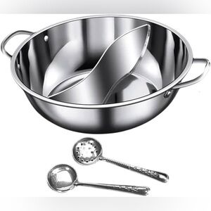 Stainless Steel Hot Pot with Divider and Soup Spoons_3 Pieces Set_NWT